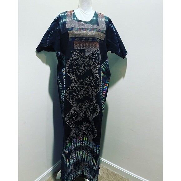 Embellished Swarovski Stoned Kaftan Tie & Dye ADIRE Cotton Long Dress - Picture 1 of 8